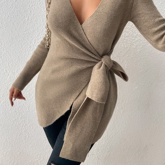 Khaki Casual Preppy Womens Wrap Knot Side Sweater - Picture 5 of 5